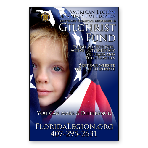 Gilchrist Fund Poster depicting a young child with blonde hair and blue eyes cloaked in an American Flag.