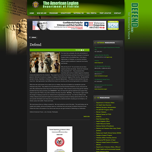 screenshot of floridalegion.org defend landing page circa 2010.
