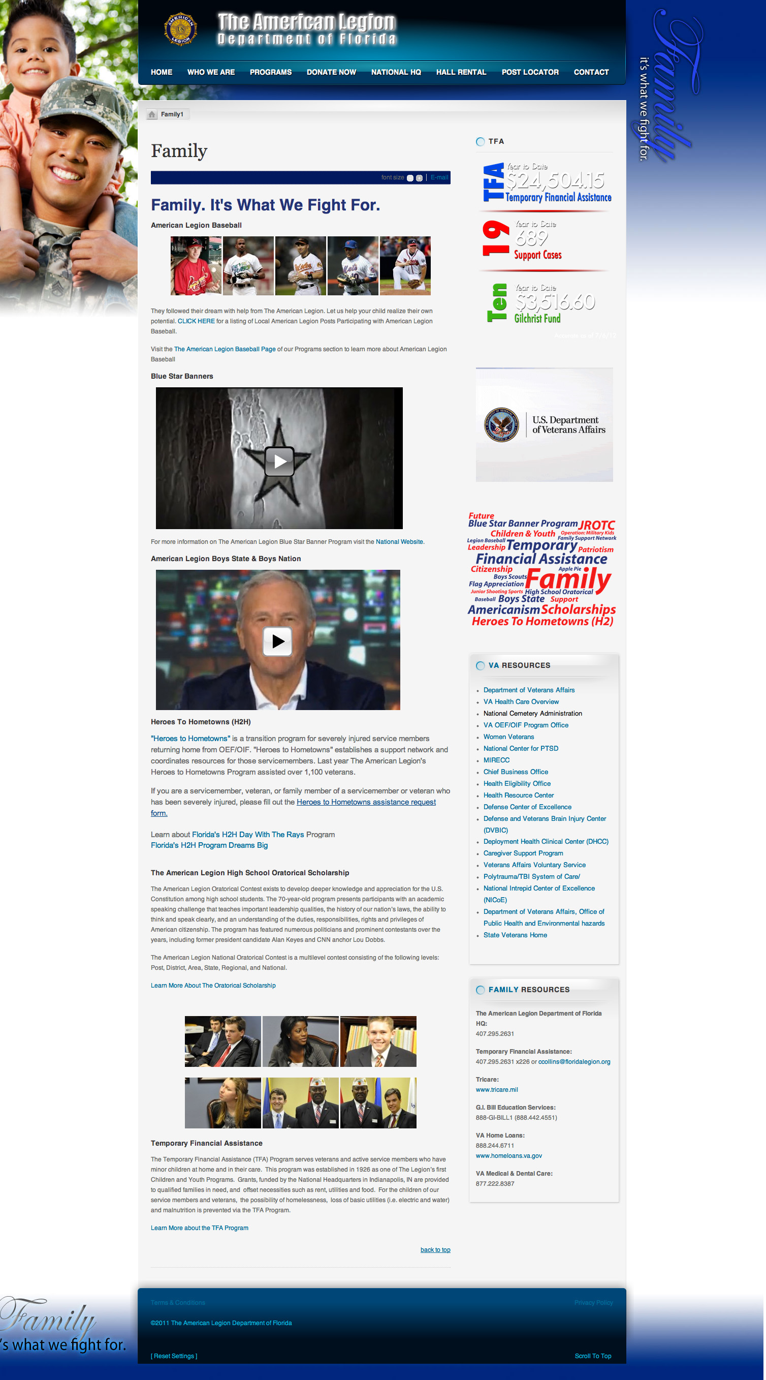 screenshot of floridalegion.org family landing page circa 2010.