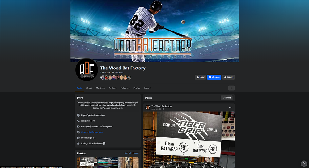 screenshot of The Wood Bat Factory's Facebook Page